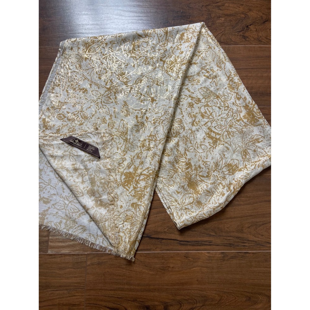 Patricia Nash Metallic Gold Floral Scarf Cream Viscose Frayed Edge Wrap light